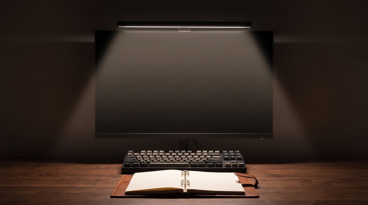Monitor light bar on top of a monitor lighting a keyboard and notebook on a wood desk in a dim room