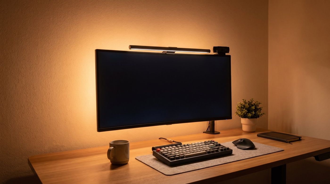 Home office monitor with a light bar on top and a small webcam clipped beside it, warm lamp glow in the background