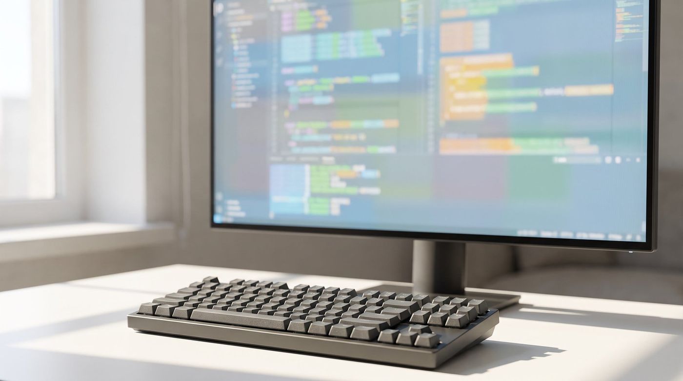 A 27-inch 5K monitor on a minimalist desk showing a crisp code editor, with a mechanical keyboard in front