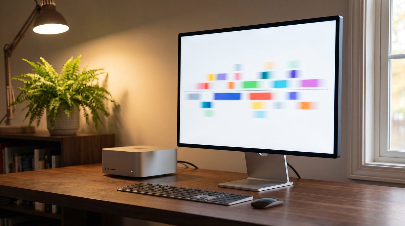 A 32-inch 6K monitor on a wide wood desk with a desktop computer beside it, showing a video timeline