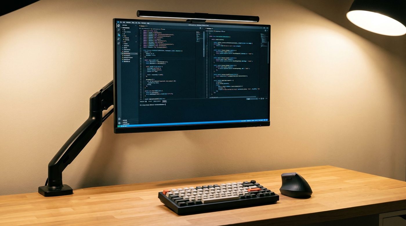 A tidy budget coding desk with a 27-inch monitor on a single arm, a 75 percent mechanical keyboard, a wireless mouse, and a light bar on a wood countertop desk
