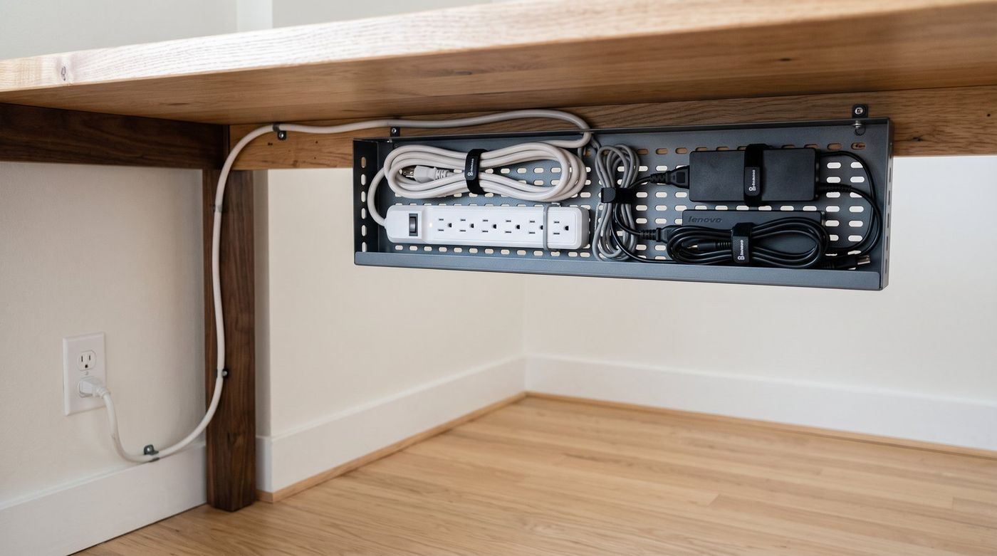 Under-desk view of a budget coding setup with a screw-mounted cable tray holding a power strip and two power bricks, velcro-tied cables, and a single cord to the wall