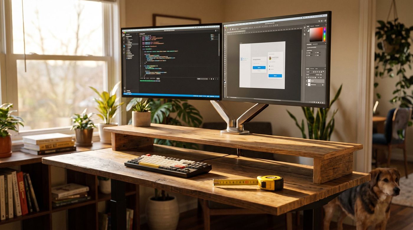 A wide standing desk in a home office with two 27-inch monitors on a dual arm, a mechanical keyboard, and a tape measure laid across the front edge