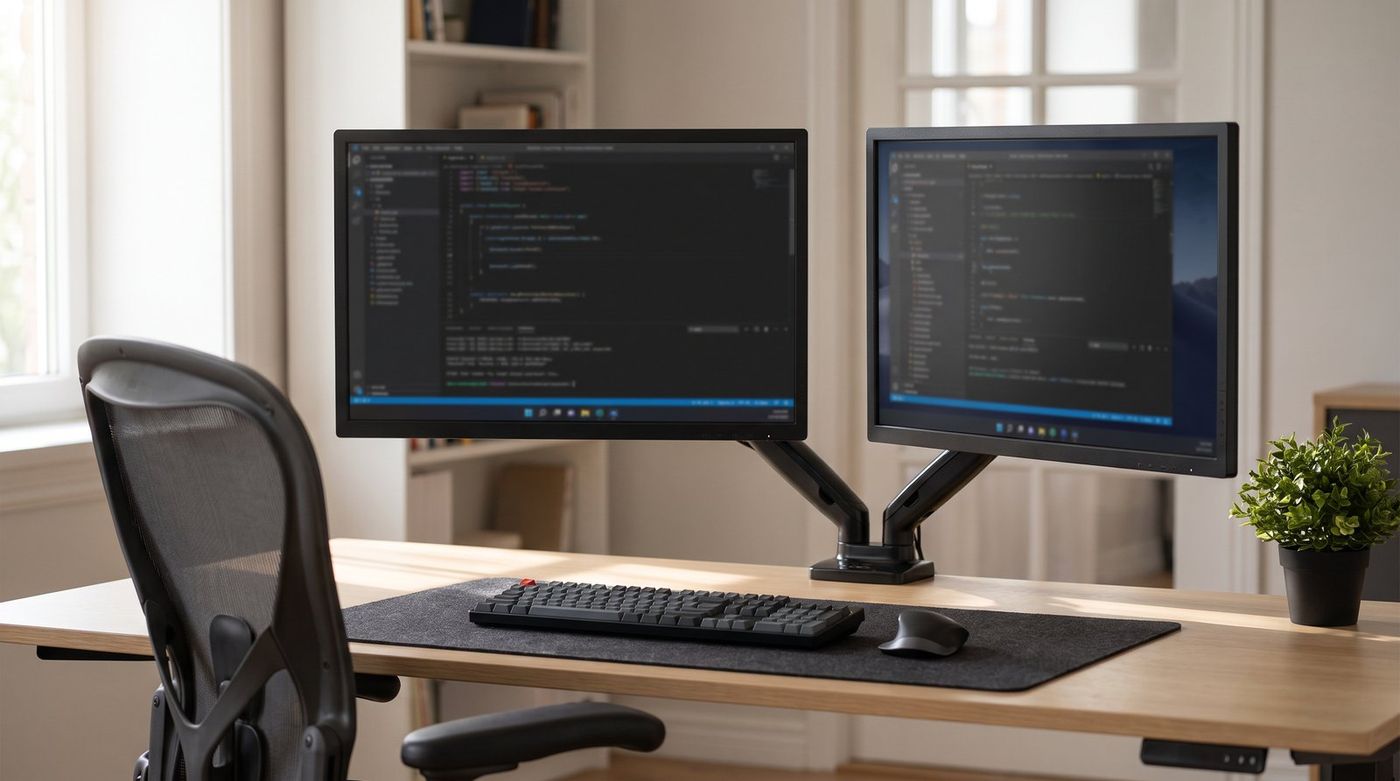 Programmer's desk with two matching 27-inch monitors on a dual arm, the left one centered and the right one angled inward, showing a code editor and a terminal