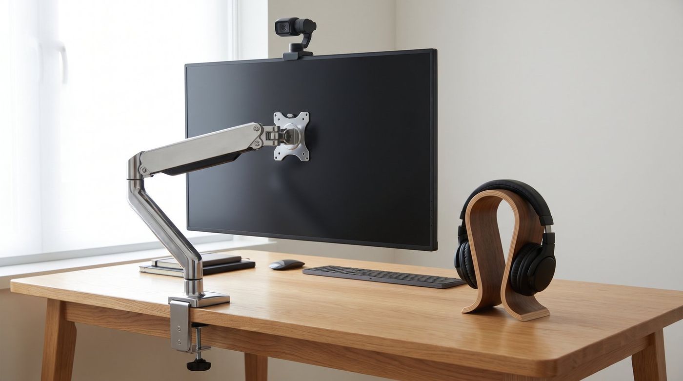 Desk with a monitor floating on a silver monitor arm, over-ear headphones on a stand, and a webcam on top of the screen
