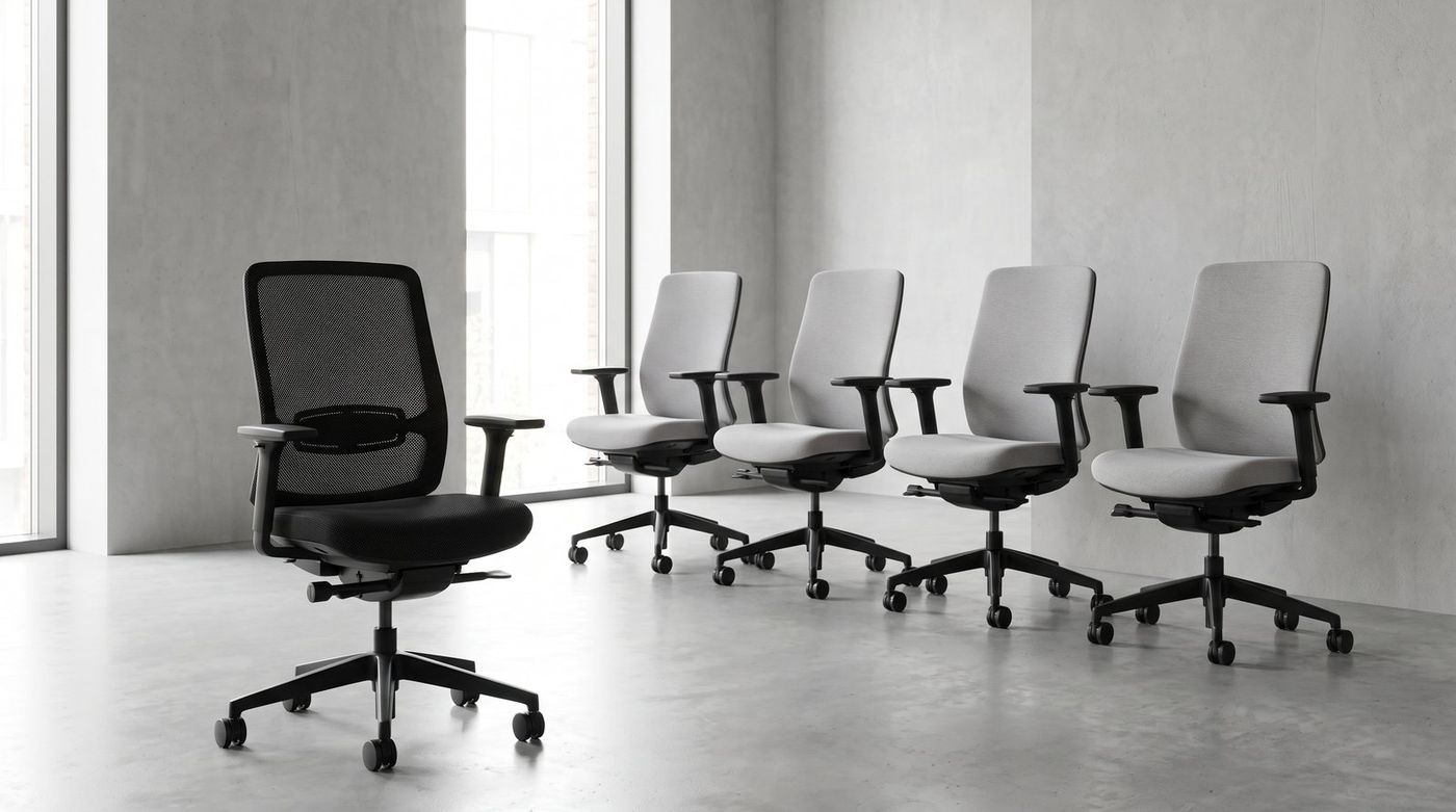 Row of ergonomic office chairs in a showroom with a mesh chair in front