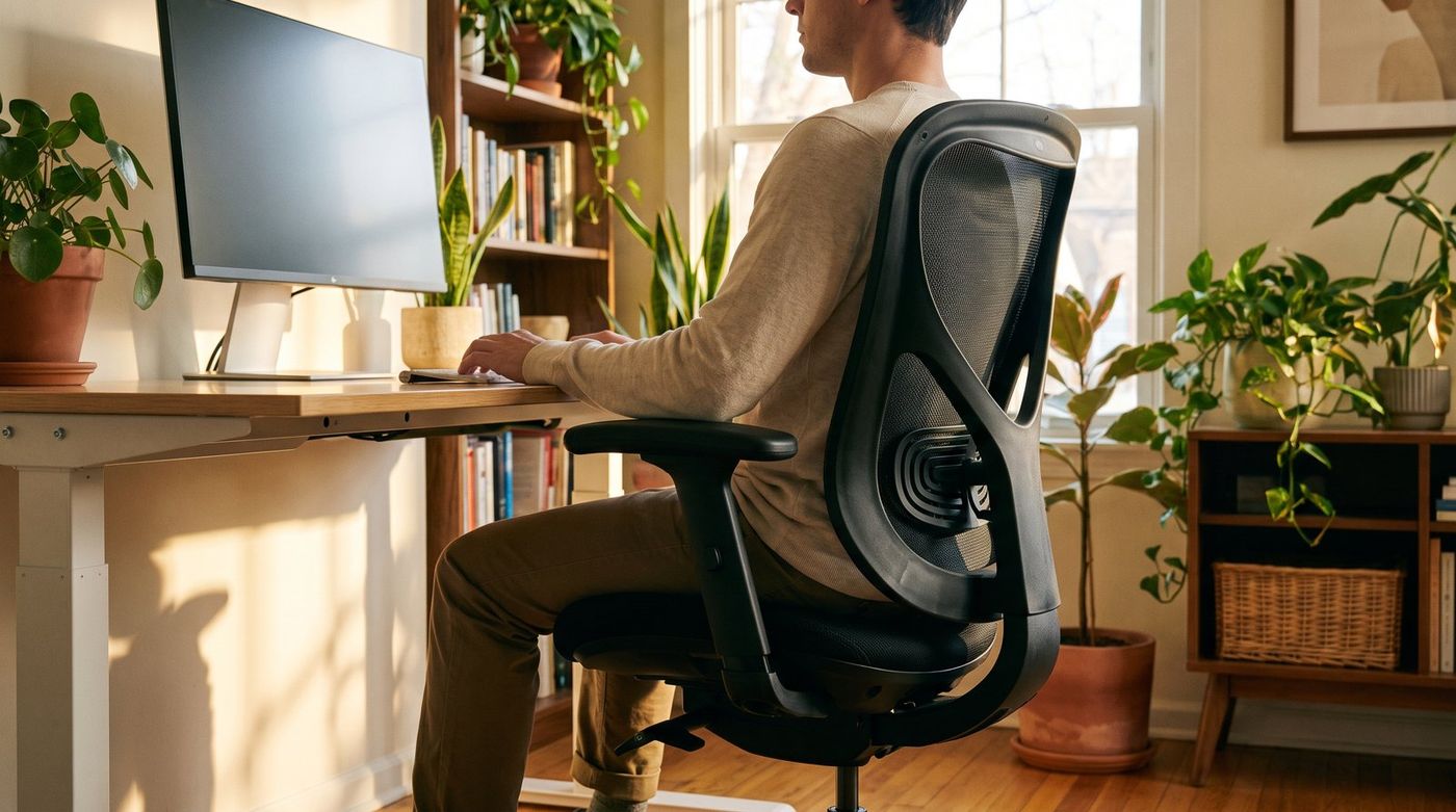 Person sitting in a mesh office chair at a standing desk, side view showing lumbar support