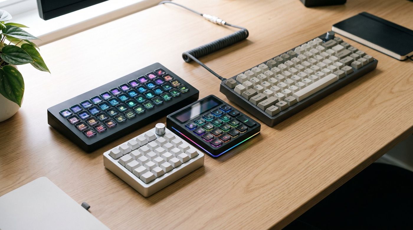 Several shortcut pads of different sizes arranged on a light wood desk beside a mechanical keyboard, including LCD-key models and a small mechanical macro pad