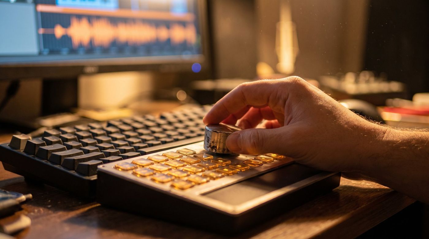 Close-up of a hand turning a rotary dial on an LCD shortcut pad next to a keyboard, with an audio waveform on a monitor in the background