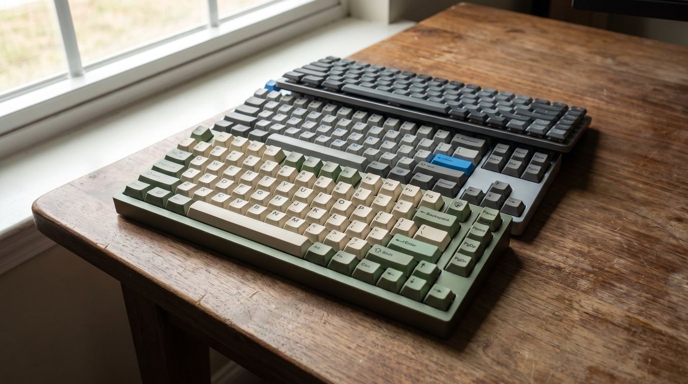 Three compact mechanical keyboards stacked at an angle on a walnut desk, showing 75%, TKL, and low-profile layouts with PBT keycaps