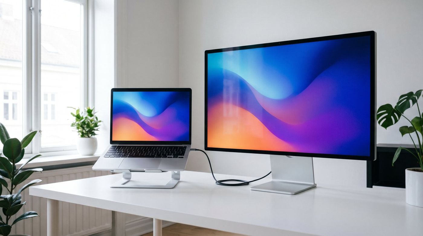 MacBook Pro on a laptop stand beside a 27-inch 5K monitor on a clean white desk, connected by a single cable