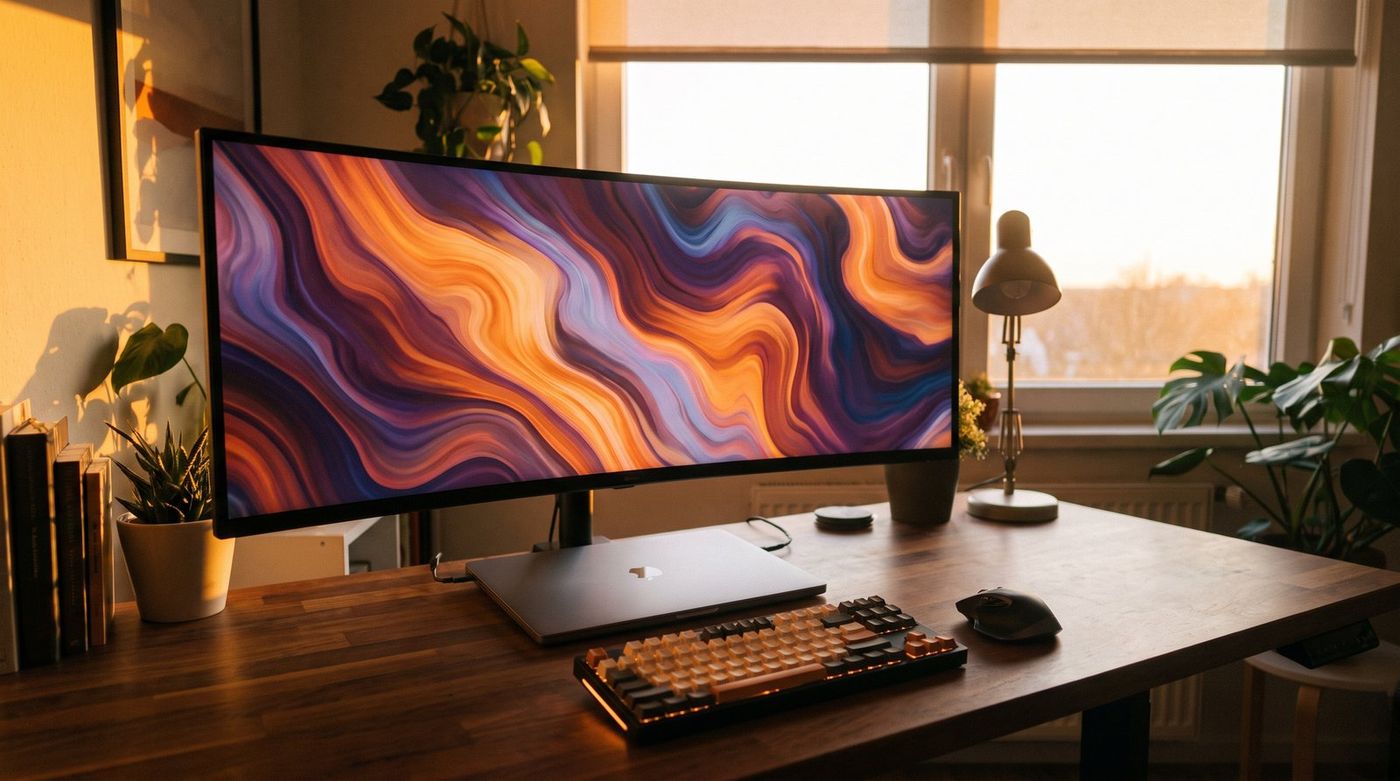 Wide desk with a large high-resolution monitor above a closed MacBook Pro, with a mechanical keyboard and mouse centered in front
