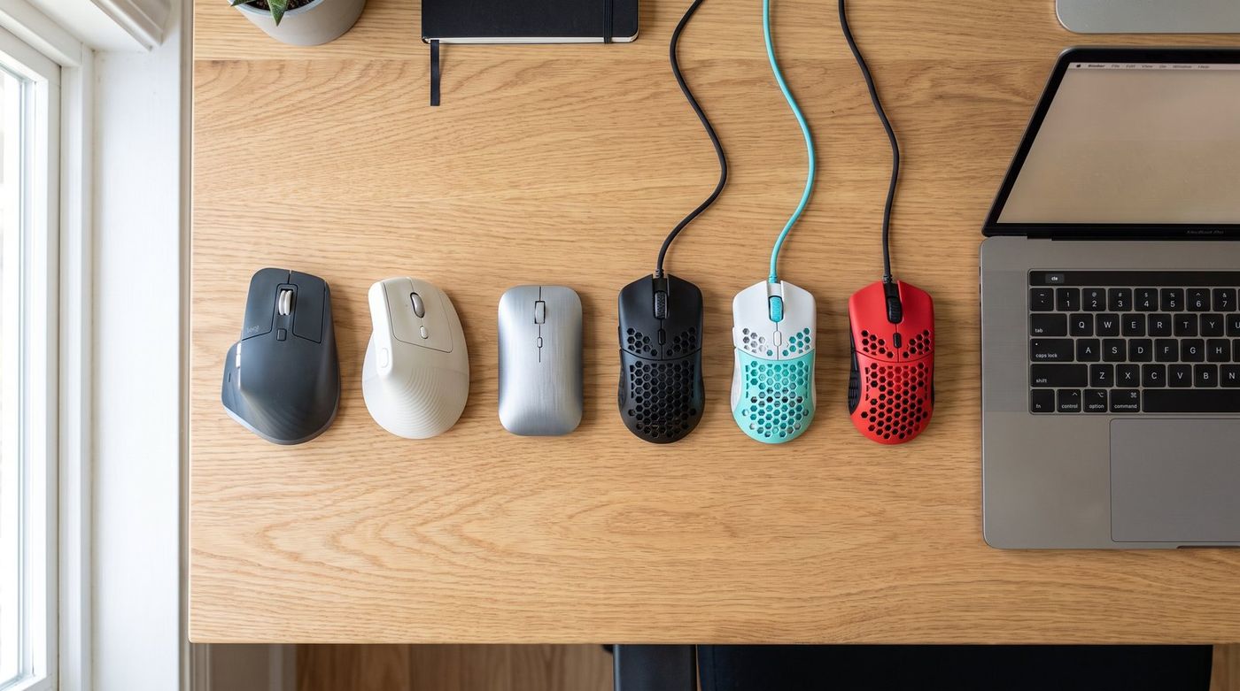 Six mice arranged on a light wood desk beside a laptop, including a large ergonomic productivity mouse, a vertical mouse, and a lightweight gaming mouse