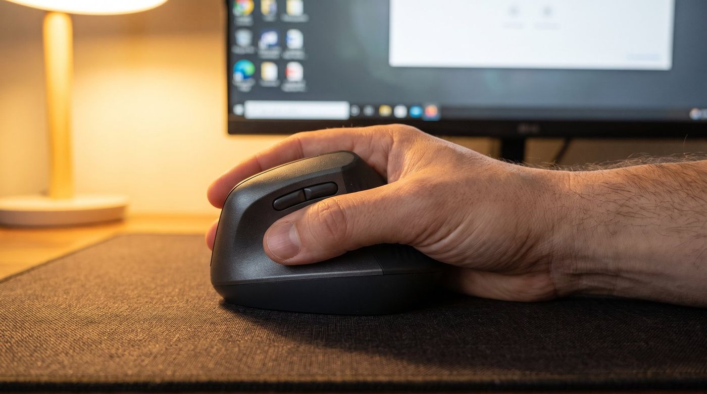 Close-up of a hand resting on a vertical ergonomic mouse in a handshake position on a dark desk mat