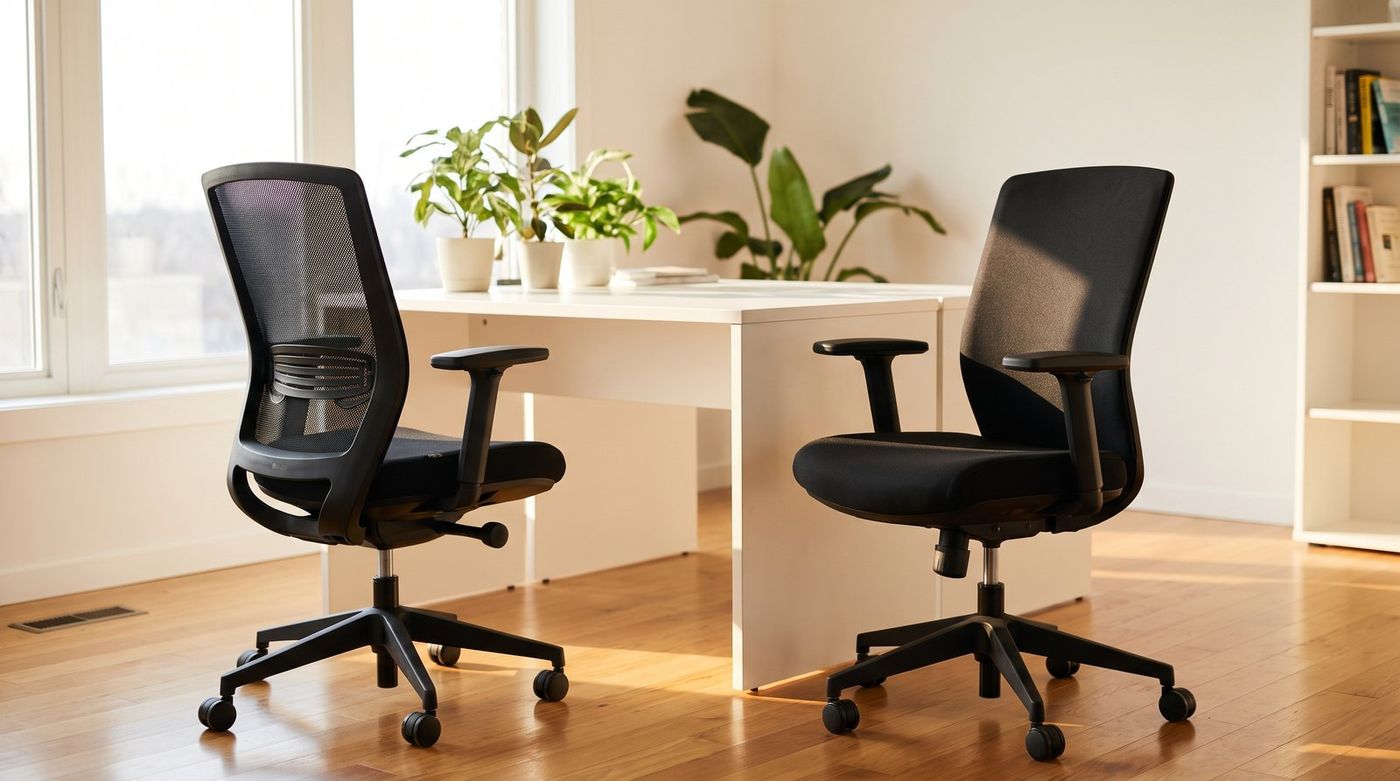 Herman Miller Aeron and Steelcase Leap V2 facing each other in a bright home office