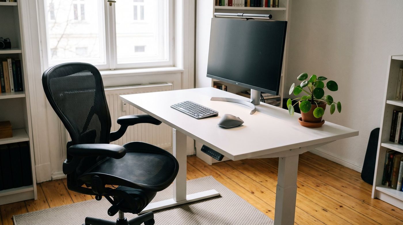 Complete home office with a white standing desk, mesh chair, single 27-inch monitor, and a monitor light bar