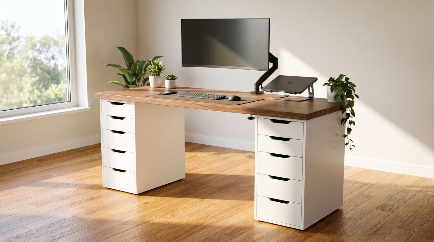 Two white IKEA Alex drawer units supporting a walnut countertop desk with a single monitor on an arm, in a bright home office
