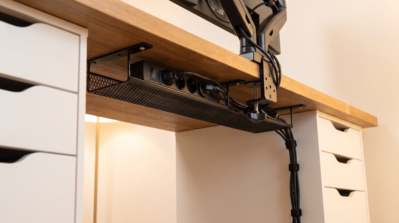Underside view of a countertop desk on IKEA Alex drawers showing a mounted cable tray, a monitor arm clamp near the edge, and neatly routed cables