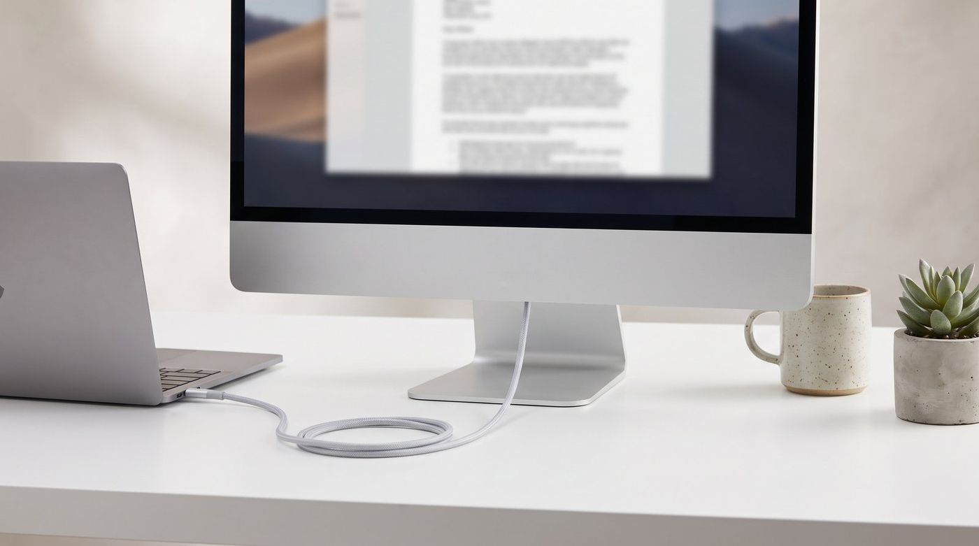 Apple Studio Display on a clean white desk connected to a MacBook Pro with a single cable