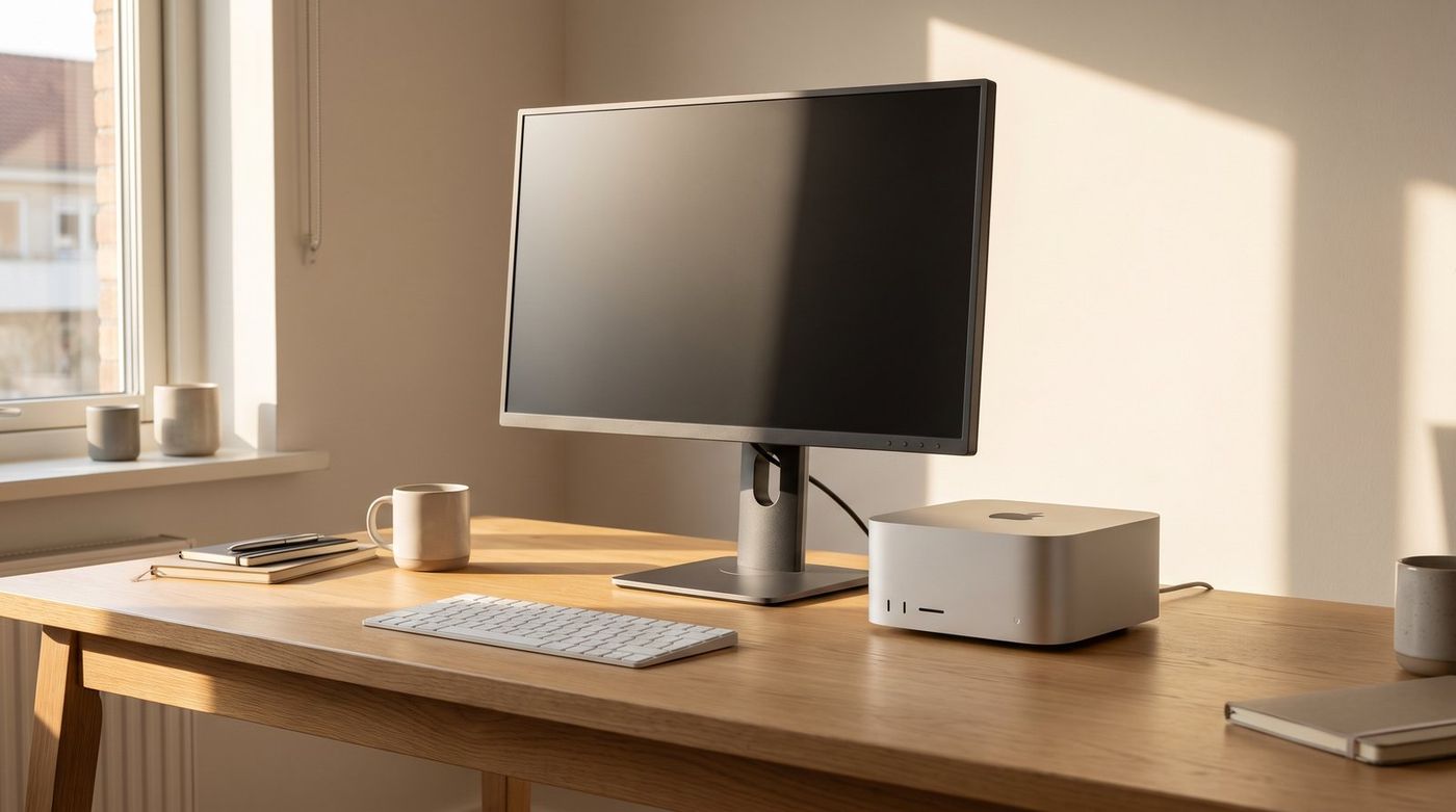 A 27-inch 5K monitor with a matte finish on a wood desk next to a Mac mini