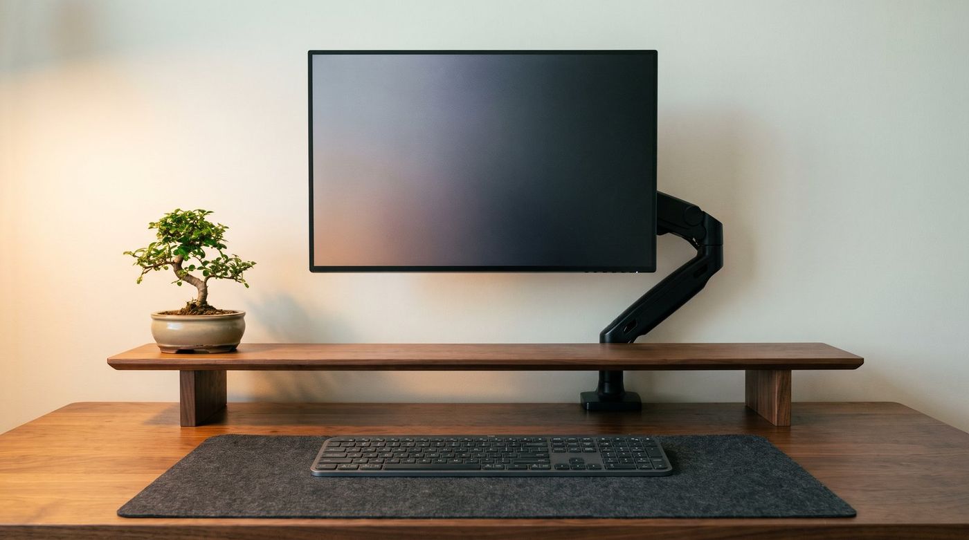 Walnut desk with a wood monitor shelf, single monitor on an arm, low-profile keyboard, linen mat, and a small plant against a pale wall