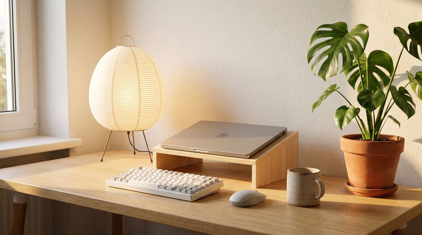 Light oak desk with a closed laptop on a wood stand, white keyboard, pale grey mouse, ceramic cup, and a paper lantern lamp