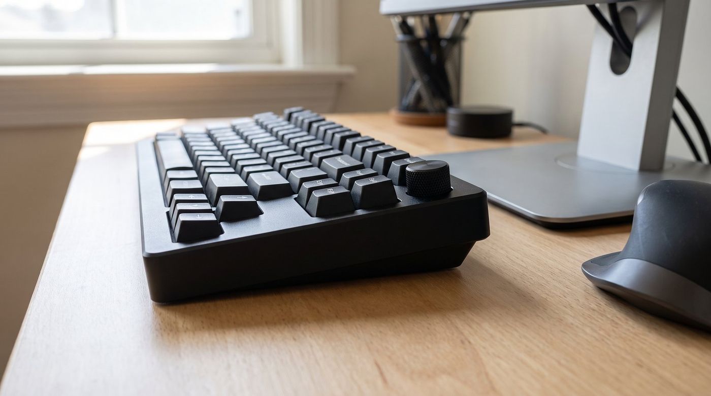 Keychron Q1 HE aluminum keyboard on a wood desk beside a monitor and mouse