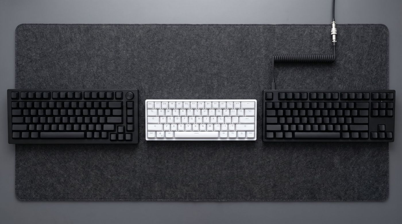 Three Hall effect keyboards side by side on a desk mat, one aluminum, one compact plastic, one 80 percent
