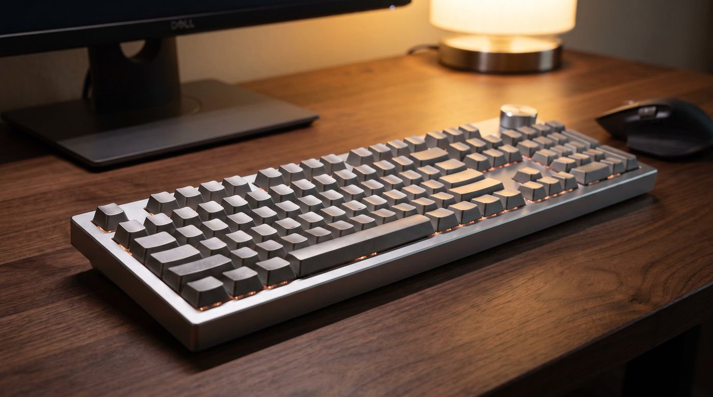 Keychron Q6 Max full-size aluminum keyboard on a dark wood desk with a monitor and mouse