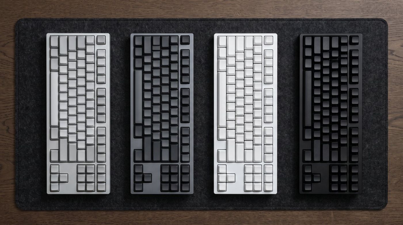 Four full-size keyboards laid out on a large desk mat in a row, two aluminum and two plastic