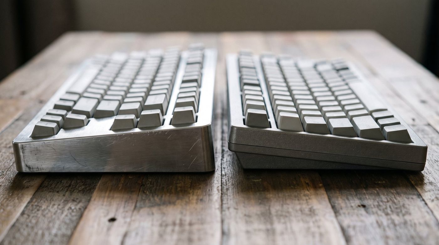 Keychron aluminum keyboard next to a plastic keyboard on a wood desk, showing the difference in case thickness