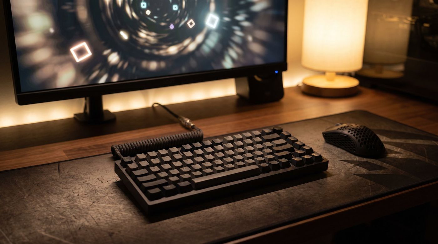 Compact 75 percent mechanical keyboard on a dark desk mat with a gaming mouse and a monitor showing a game