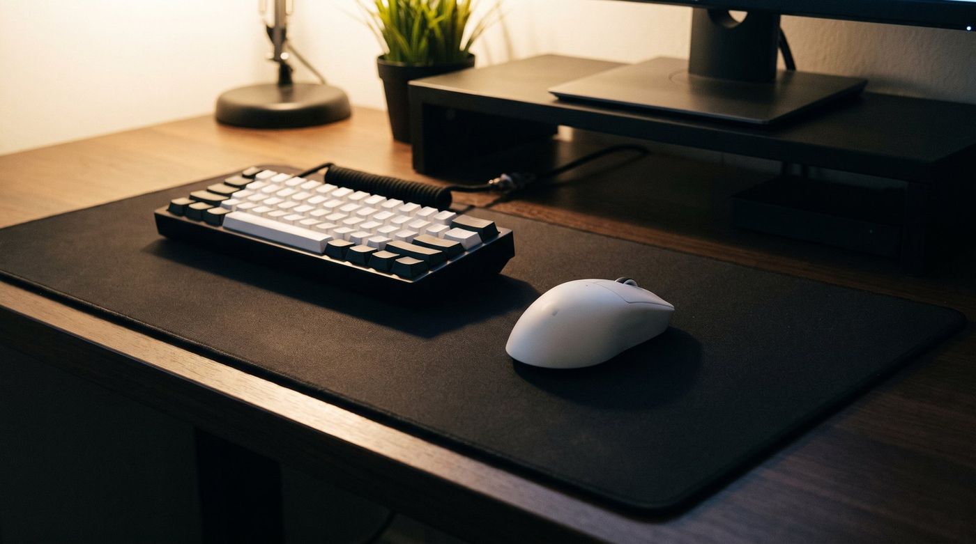 Symmetrical white gaming mouse on a dark cloth mousepad beside a mechanical keyboard, soft side lighting