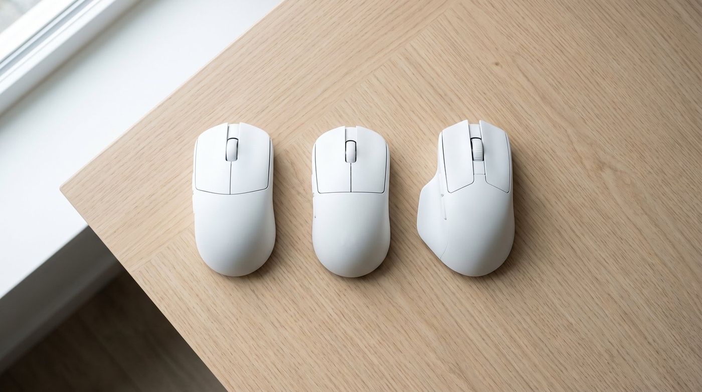 Three white wireless gaming mice lined up on a wood desk, two symmetrical and one ergonomic, overhead view