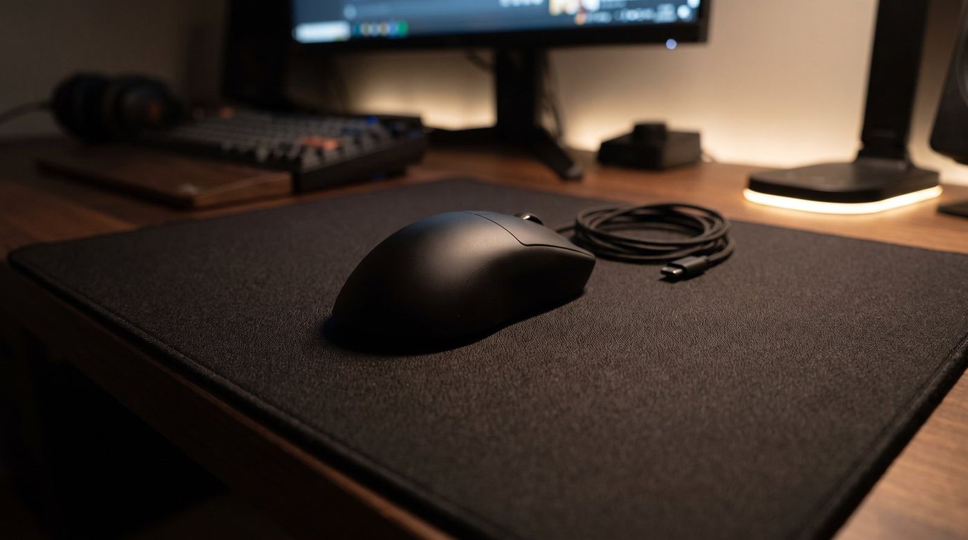 Black symmetrical wireless gaming mouse on a large cloth pad in a dim room, charging cable coiled beside it
