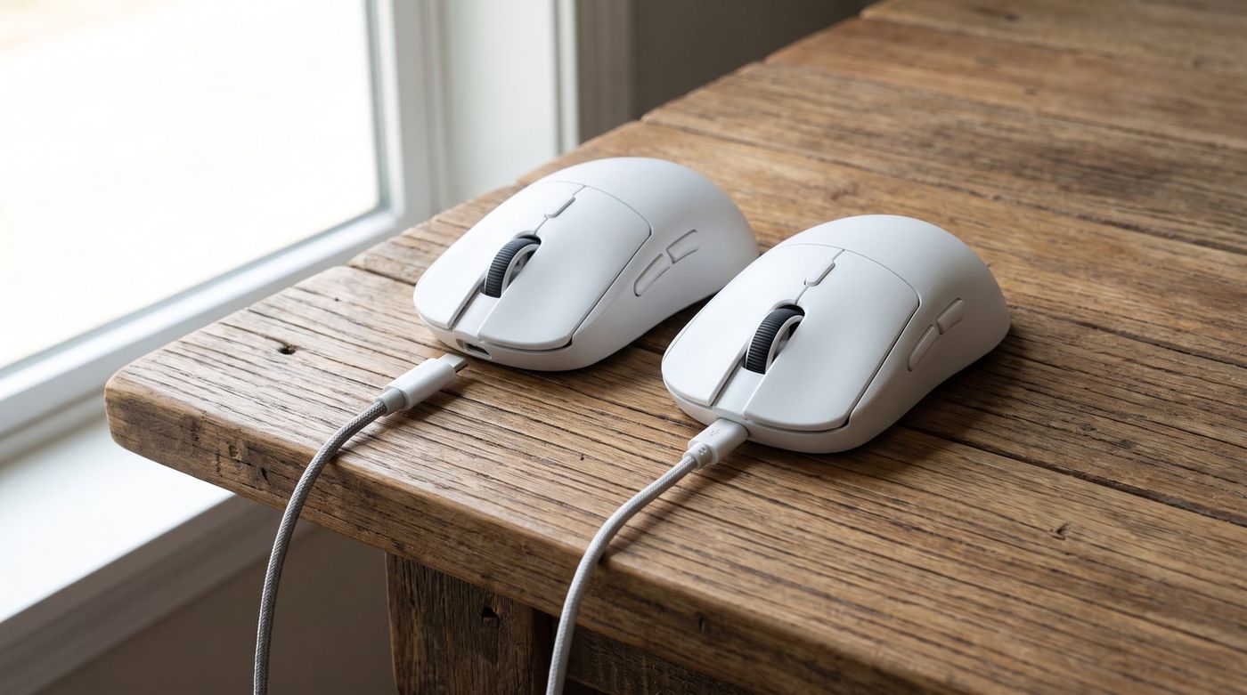 Two matching white gaming mice side by side on a wooden desk, one with a USB-C cable and one with a micro-USB cable
