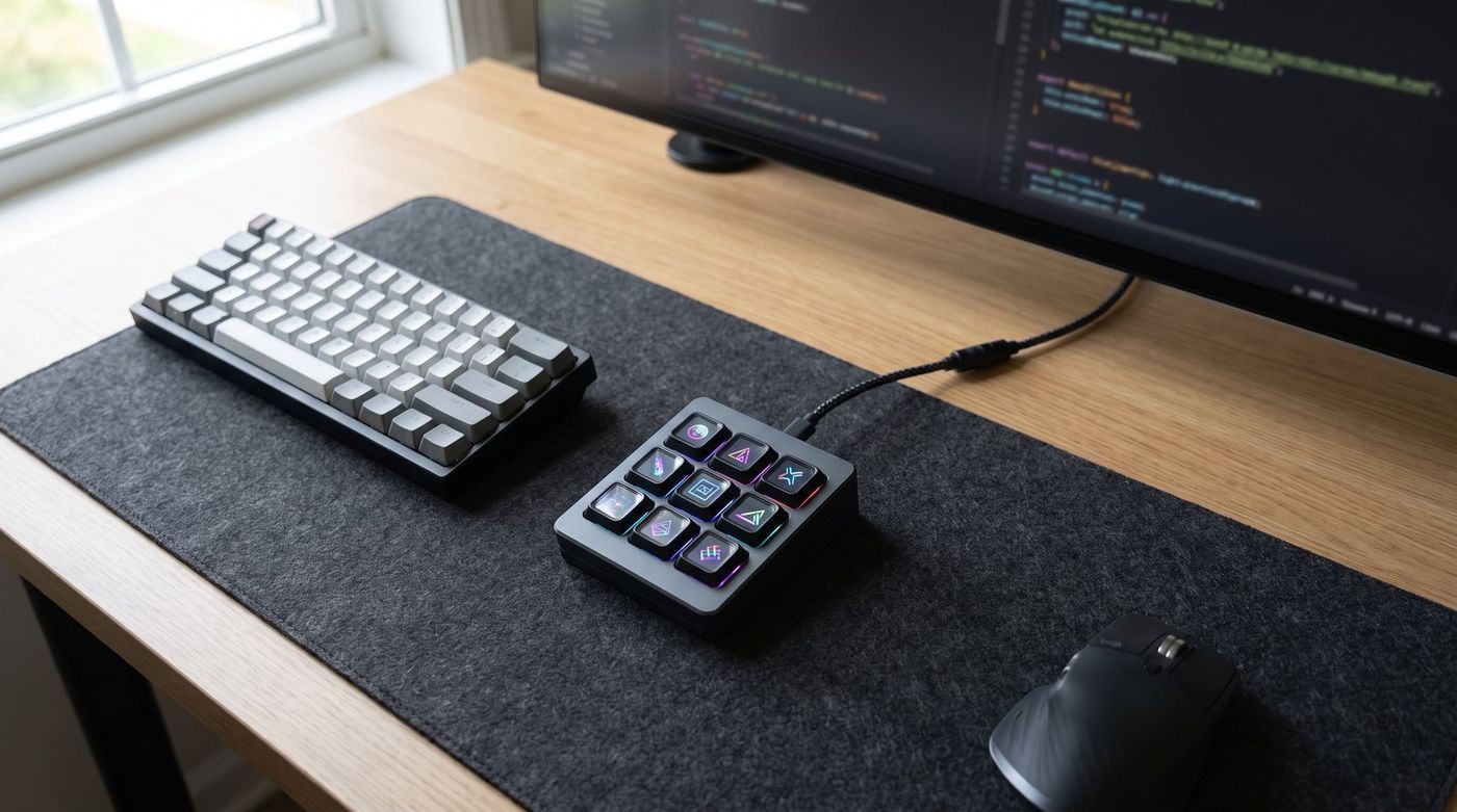 Small nine-key LCD shortcut pad on a wood desk between a mechanical keyboard and a mouse, with a monitor showing code in the background