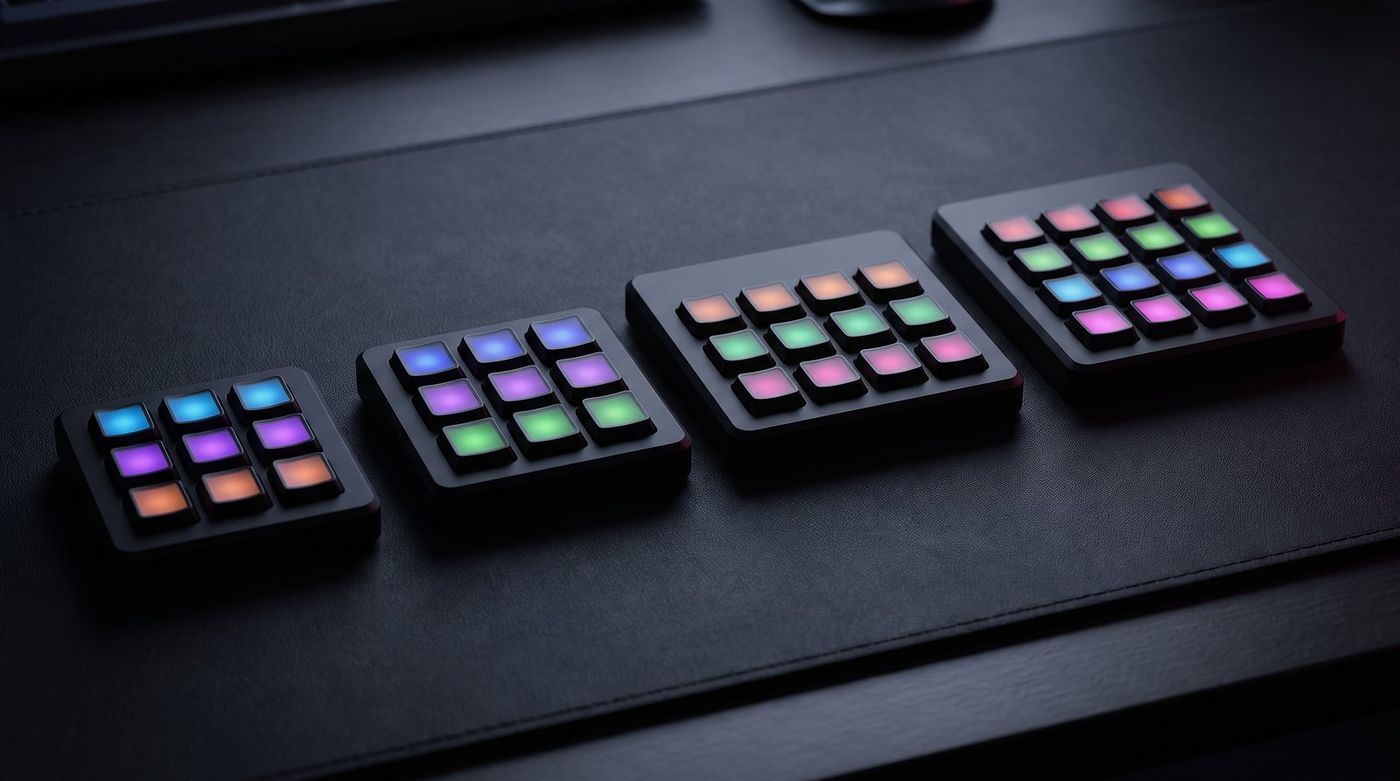 Four LCD shortcut pads of different sizes lined up on a dark desk mat, from a six-key mini to a fifteen-key model
