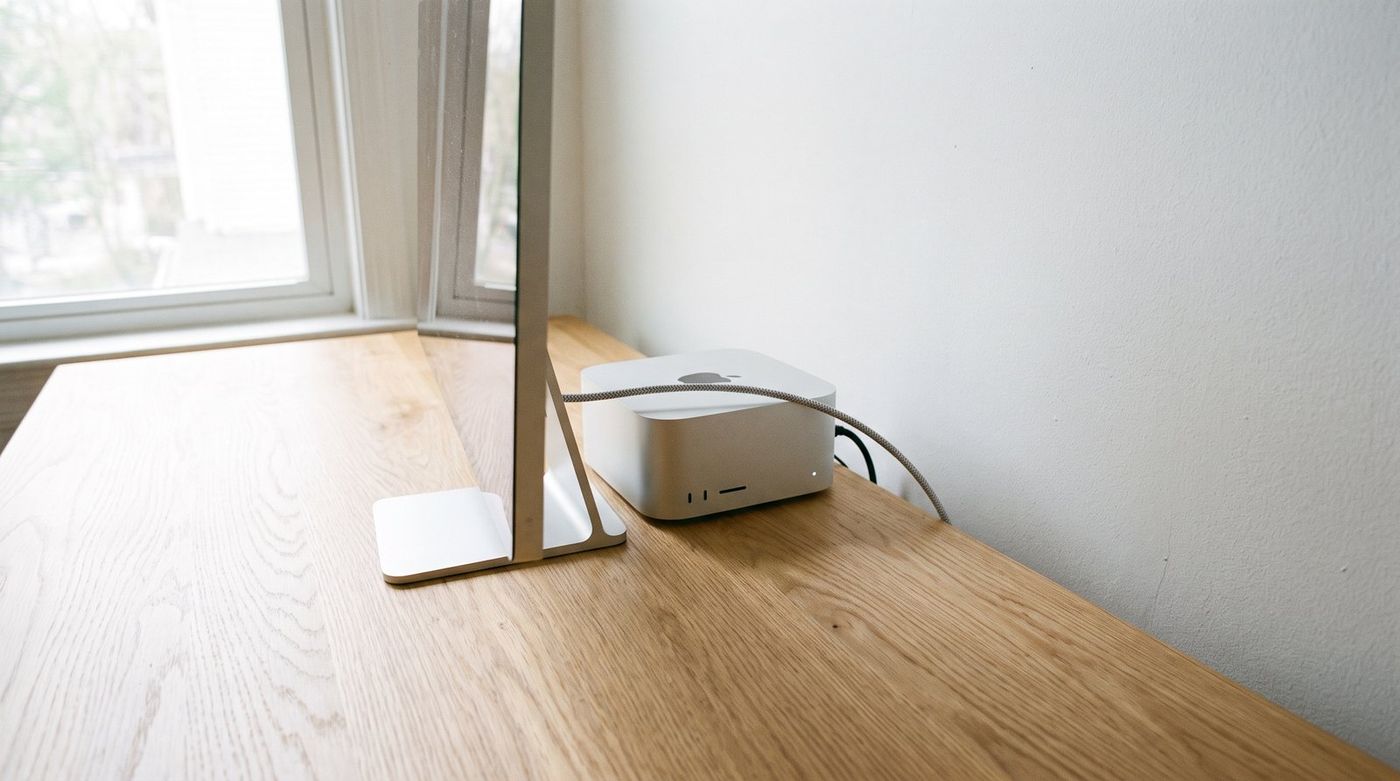 Mac mini M6 tucked behind a 27-inch 5K monitor on a light wood desk, single cable running to the display