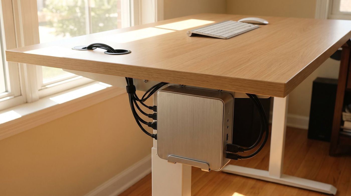 Mac mini mounted under a standing desk with cables routed through a grommet, empty desktop above