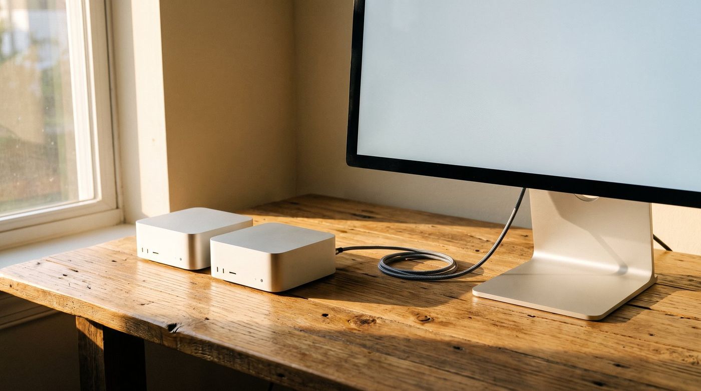 Two Mac mini units side by side on a desk, identical silver enclosures, one connected to a 5K display