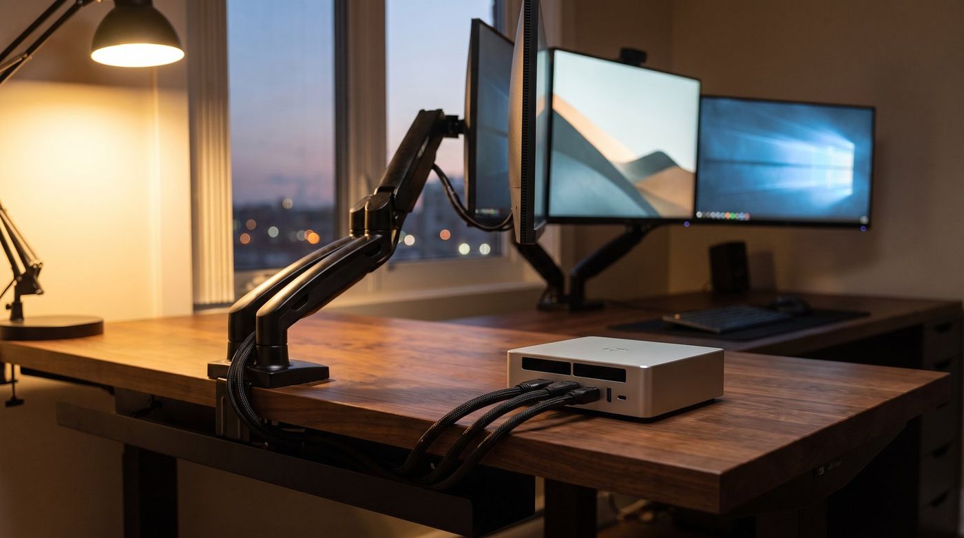 Mac mini M6 on a desk with three monitors, cables routed neatly behind the displays