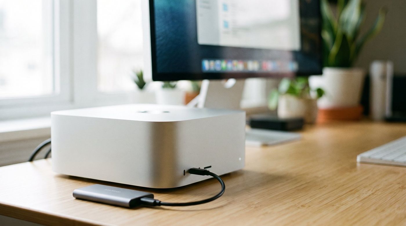 Mac mini M6 on a desk with a small portable SSD connected to the front USB-C port