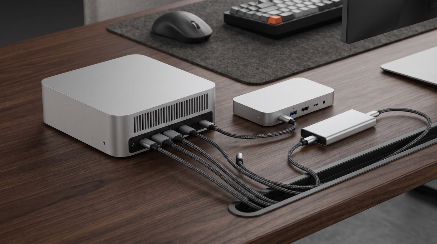 Mac mini M5 Pro on a desk connected to a Thunderbolt 5 dock and an external NVMe enclosure