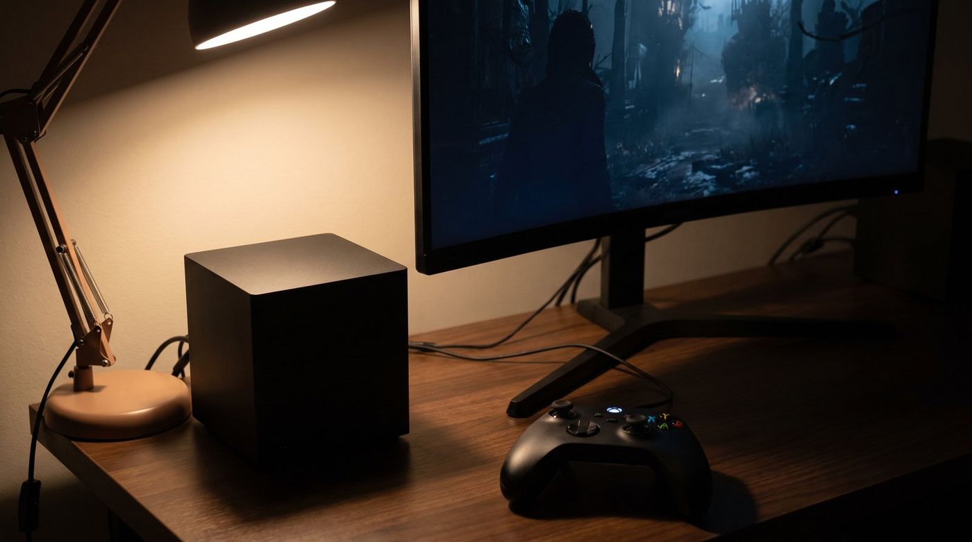 Steam Machine console beside a 27-inch 1440p gaming monitor on a dark desk, controller resting in front