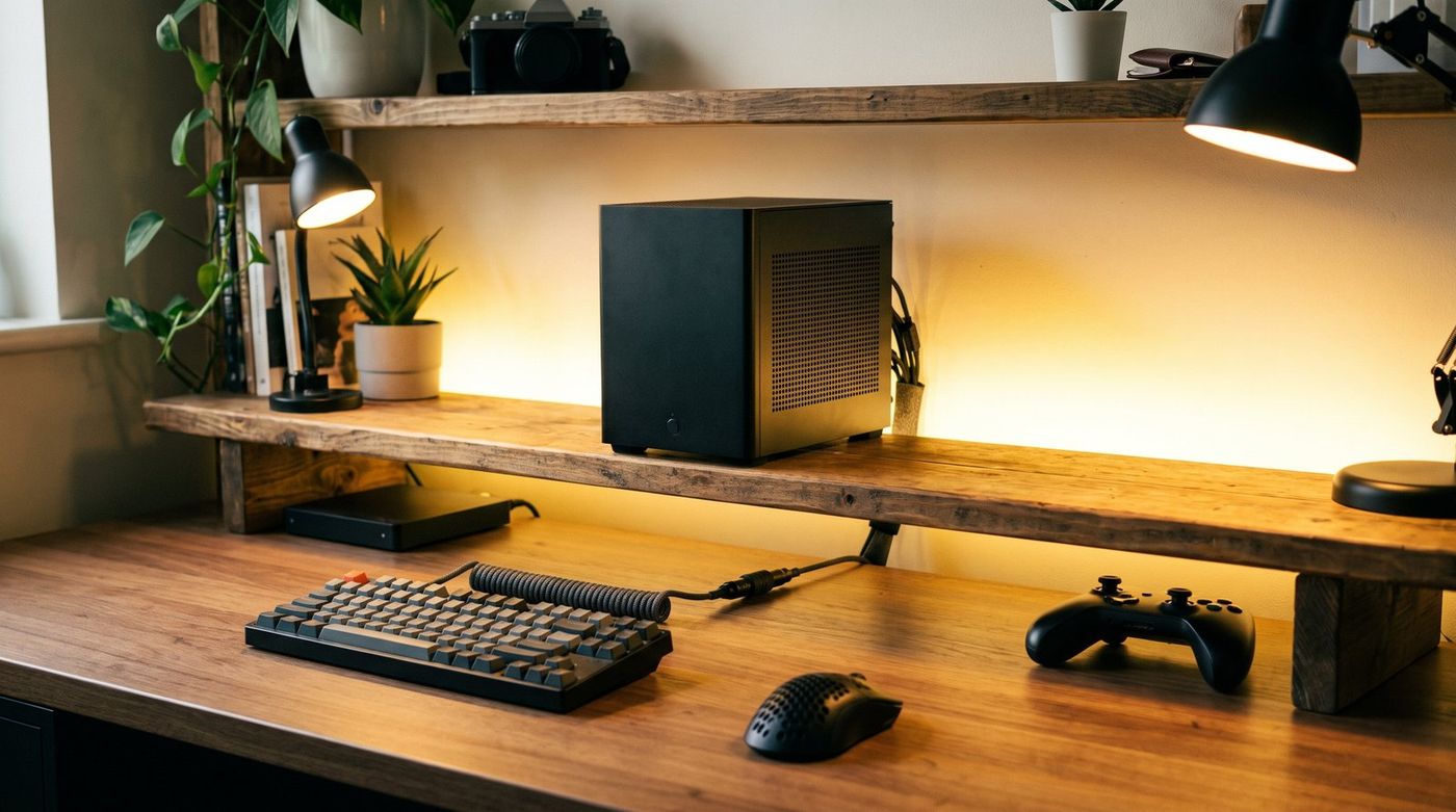 Steam Machine on an open shelf above a gaming desk with a keyboard, mouse, and controller below
