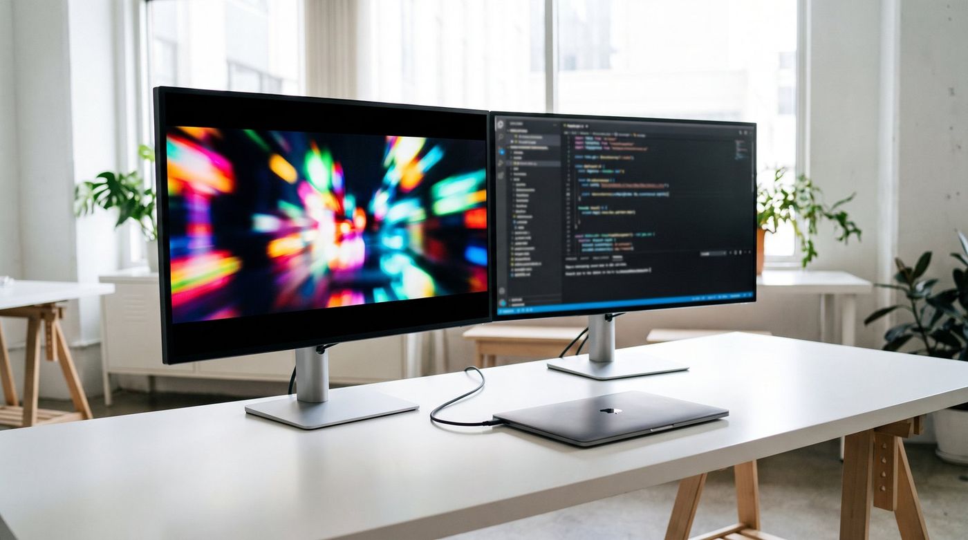Two 27-inch Apple-style displays side by side on a long white desk, one showing a bright HDR video timeline and the other a code editor
