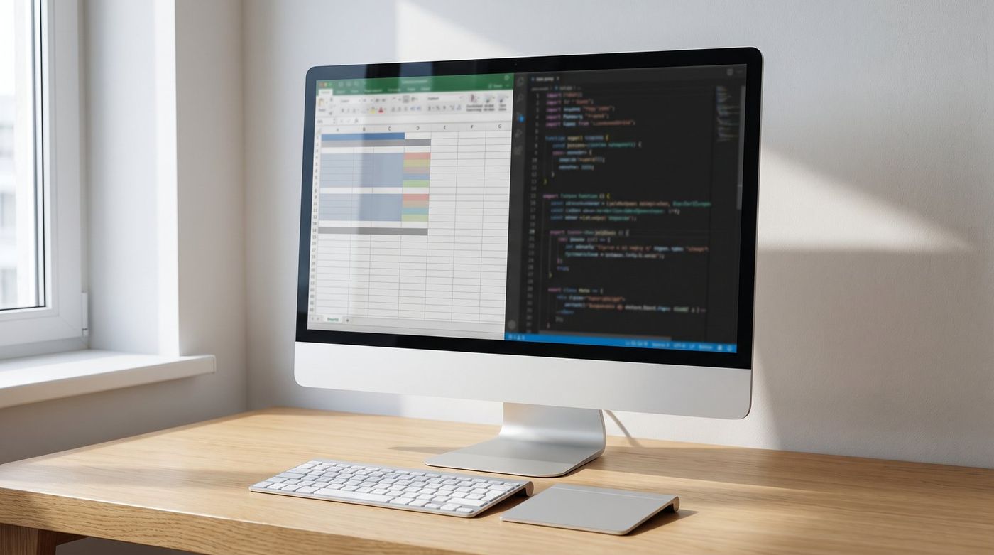 Close-up of a Mac desk with a 5K display showing a spreadsheet and a code editor side by side in daylight