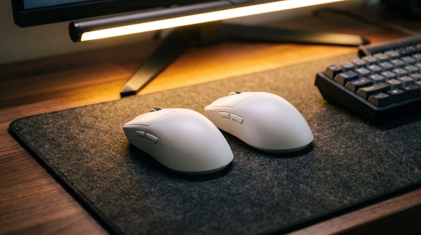 Two identical-looking symmetrical white gaming mice side by side on a dark desk mat under a monitor light bar