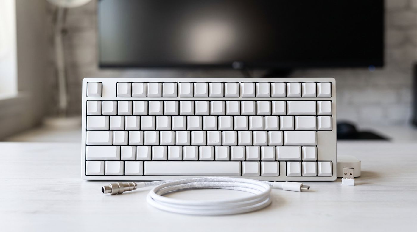 Womier SK75 TMR keyboard on a white desk with a wireless receiver and coiled cable